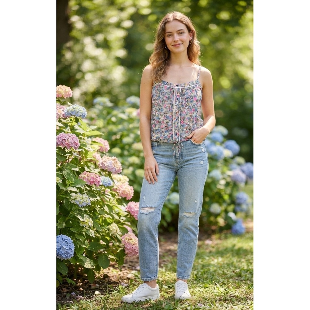 Garage Floral Cami Top Blue Pink Wildflower Lace Trim Button Front Small - Picture 1 of 14